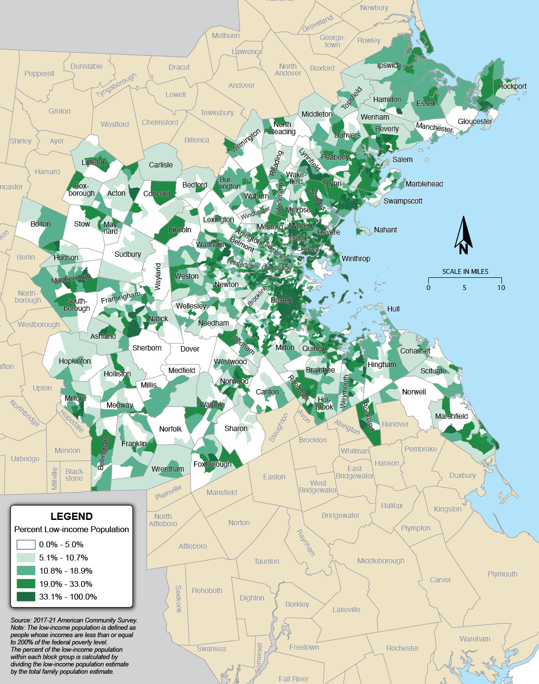 A map showing the percentage of low-income population in the Boston Region.